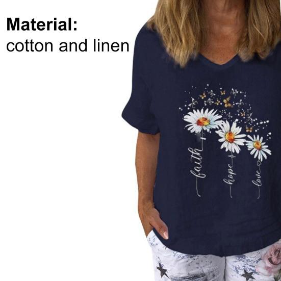 Casual Women T-shirt V Neck Marguerite Butterfly Printed Short Sleeve