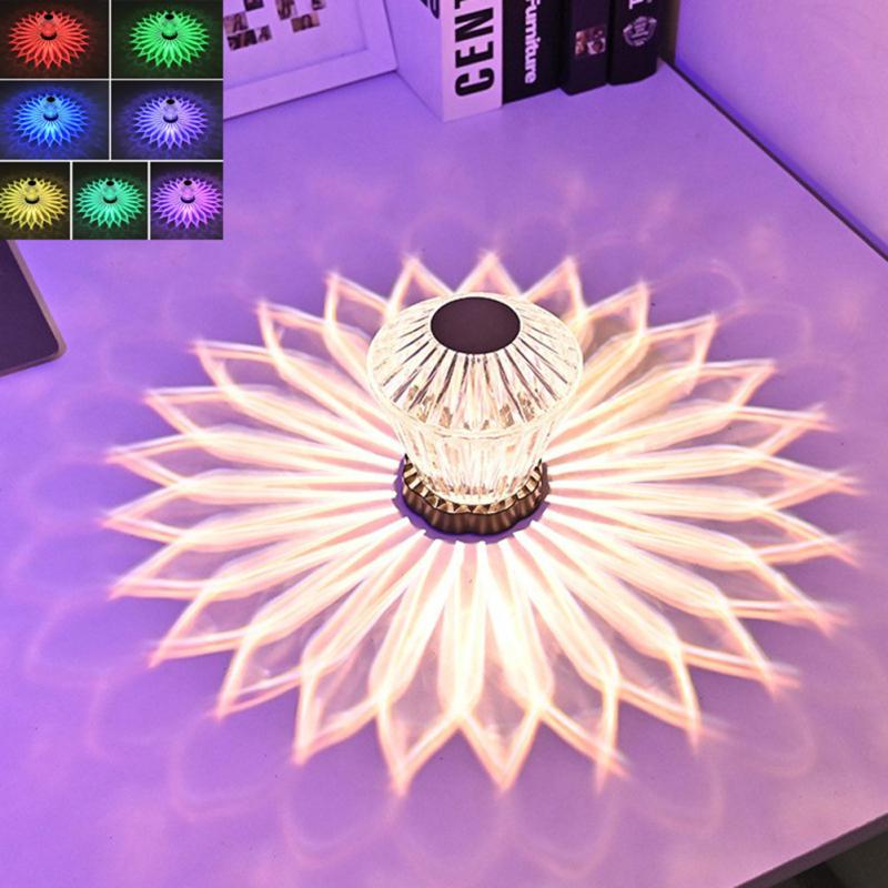 Led Crystal Table Lamp Lotus Light Projector Charging Colorful Romantic Diamond Atmosphere Night