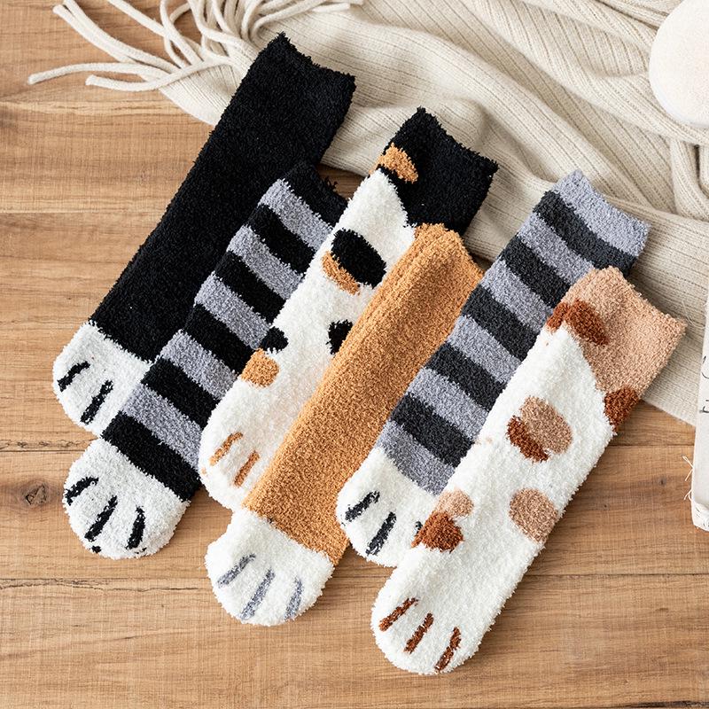 5 Pairs Socks Women Coral Velvet Mid-calf Socks Cat Claw Warm Wool Autumn and Winter Thickened and Padded Sleep Floor Socks Long Moon Socks