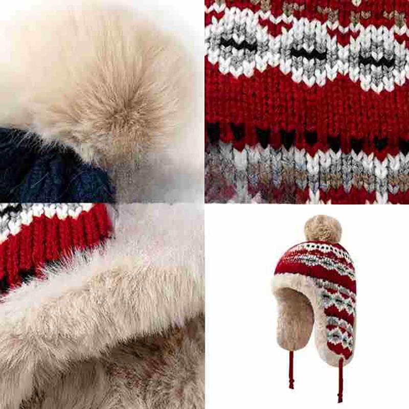 Knitted Fluzzy Russain Hat Trapper Earflap Outdoor Ski Cap Male Female Thick Warm Winter Beanie Hat Fur Pompom Bomber Hat