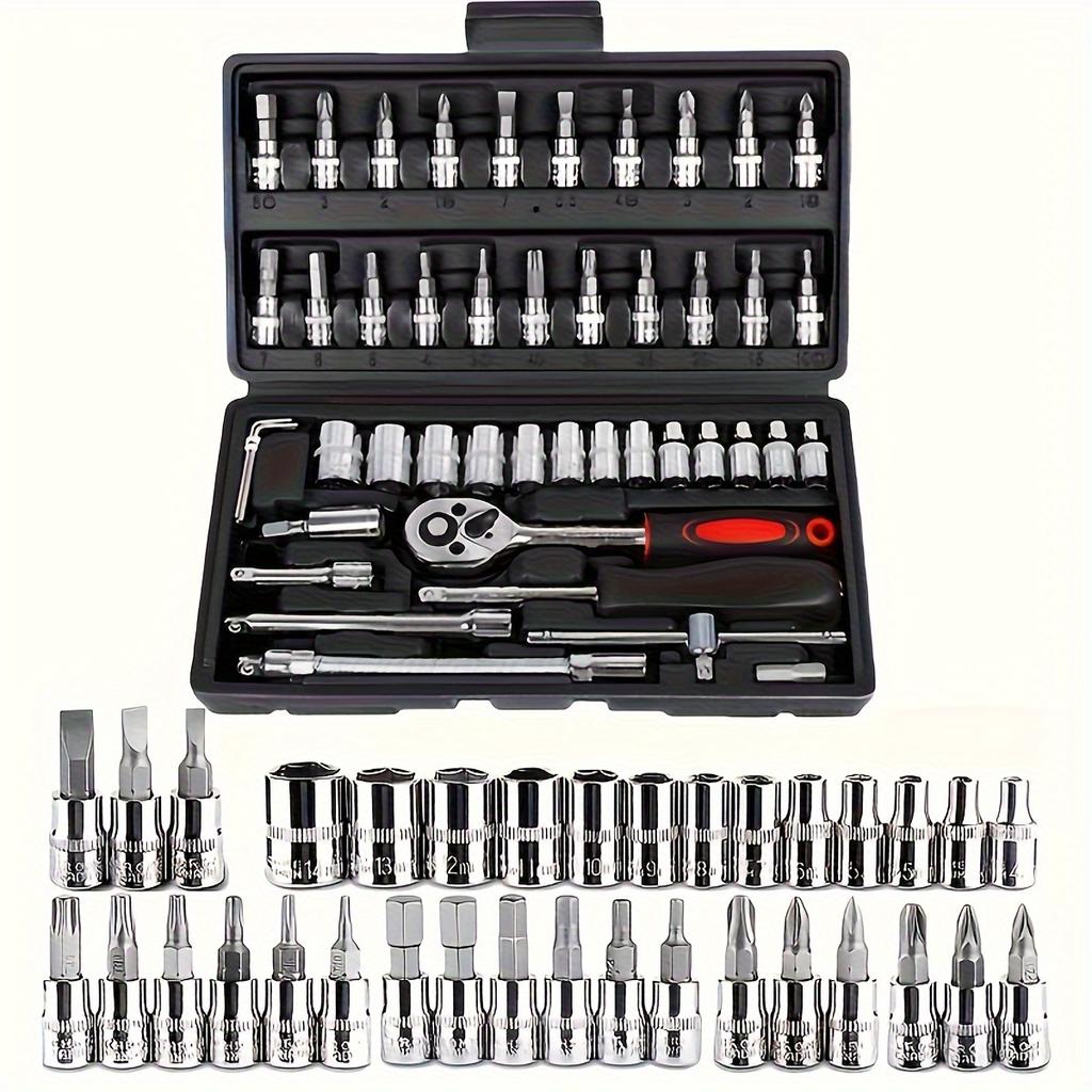 Car Repair Toolbox, Repair Tool Suit, with Allen Wrench, Drive Depth and Standard Ratchet Socket, Unconnecting Rod, Rotating Rod, Sliding Rod
