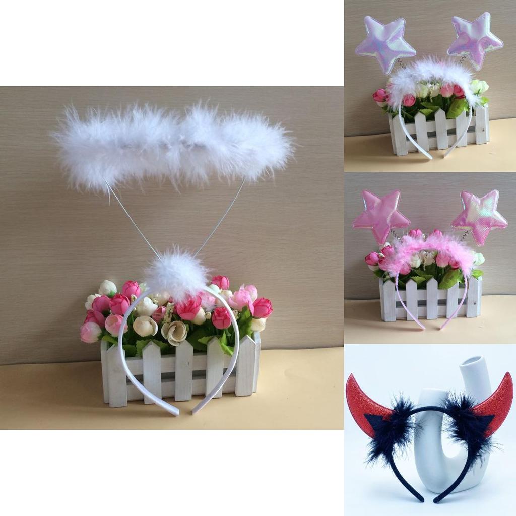 Повязка на голову для Хэллоуина и Рождественской вечеринки с белым пером, рожками ангела и демона, для костюма и праздничного декора