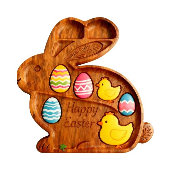 Поднос для закусок Форма кролика в деревенском стиле Сервировочная доска с несколькими отделениями Натуральное дерево Гладкая поверхность Организатор для мяса, фруктов, орехов, закусок