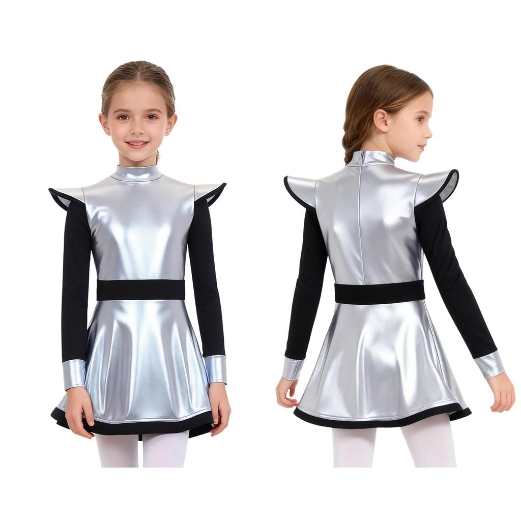 Детское платье-трансформер для девочек 'Инопланетный бал': Металлический блеск, воротник-стойка, длинный рукав, пэчворк-дизайн, скрытая молния сзади, встроенные шорты для косплей-вечеринки