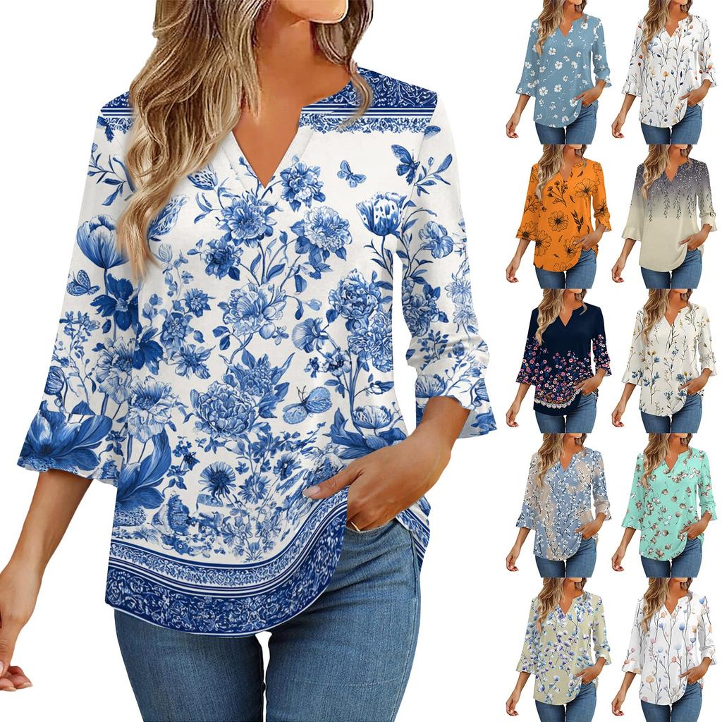3/4 Sleeve Tops For Women T-Shirt Casual Flared Sleeves Print Tunic V Neck Pullover Blouse