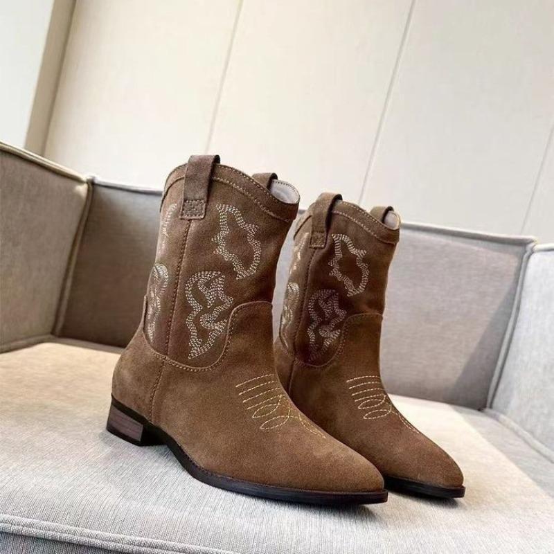 New Short Western Cowboy Boots Women's Suede Thick Heel Pointed V-mouth Thin Retro Short Boots Women