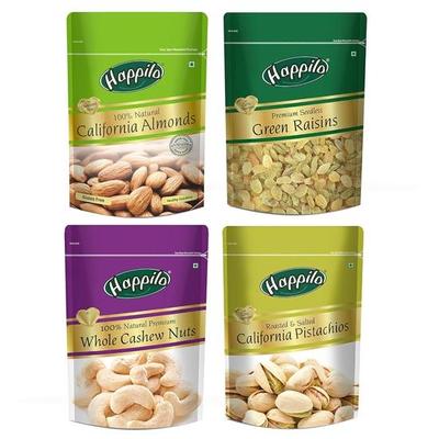 Happilo Premium Dry Fruits Combo Pack of 4 | Калифорнийский миндаль, зеленый изюм, цельные кешью, жареные фисташки | Всего 850 г