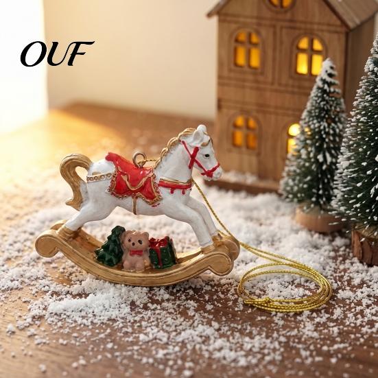 Colorful Hanging Figurines Rocking Horse Christmas Ornament, Resin Tree Decoration with Holiday Atmosphere Decorations Bear Gift Box for Window