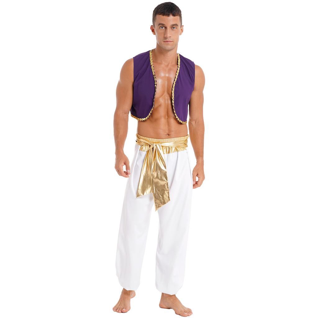 Mens Halloween Party Costume Sequin Trim Waistcoat Belted Pants Role Play Stage Performance Outfit