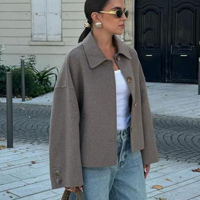 Женская осенняя мода однотонные куртки с отложным воротником и длинными рукавами пальто с карманами однобортные повседневные верхняя одежда