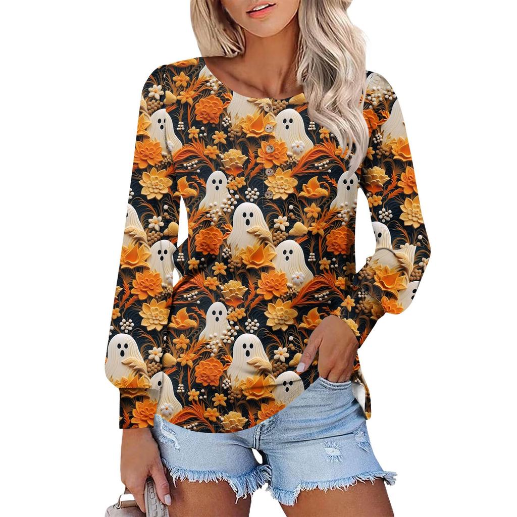 Женские футболки с длинным рукавом и круглым вырезом, принты на Хэллоуин, рубашки с рукавами-фонариками, блузки на пуговицах, топы