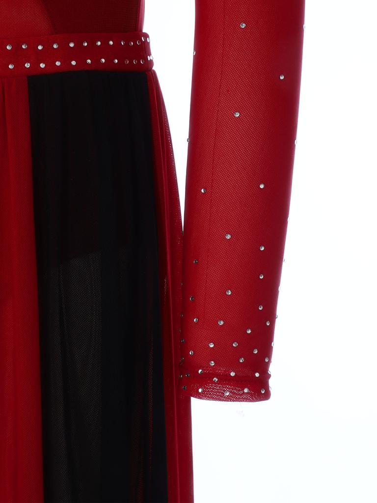 Kids Girls Dance Competition Dress: Color Block Patchwork Side Split Mesh with Shiny Rhinestones & Back Invisible Zipper for Lyrical Performance