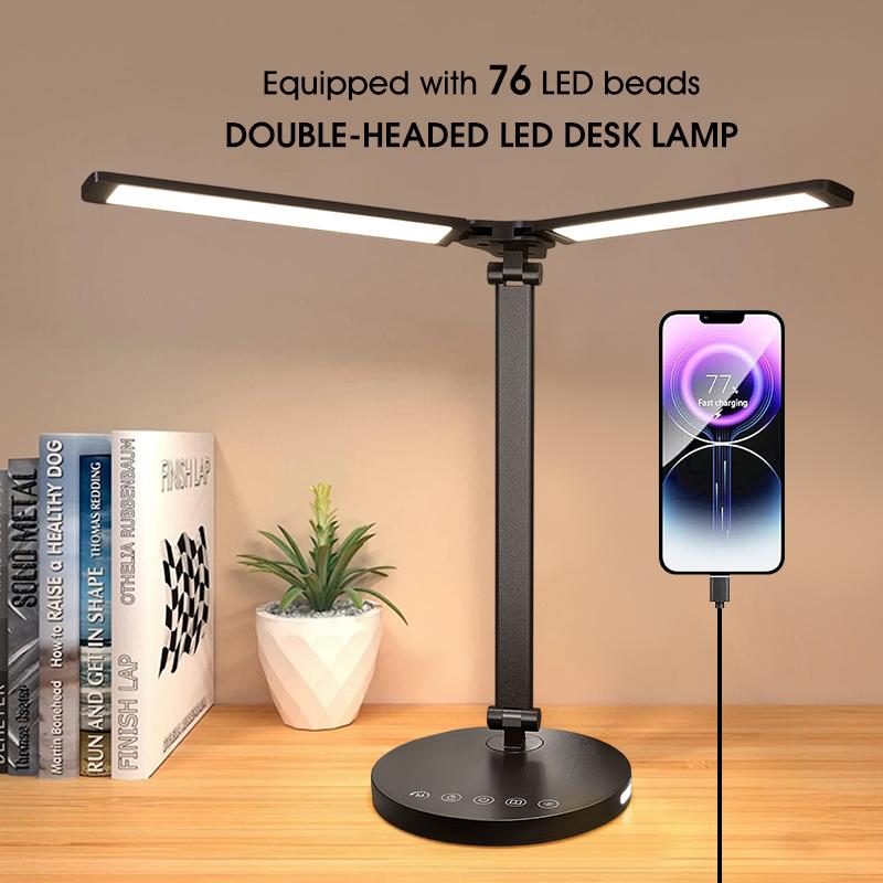 Светодиодная настольная лампа с регулируемой яркостью, 5 цветов, диммируемый настольный светильник, интерфейс Type-C, настольная лампа с двумя головками для дома и офиса