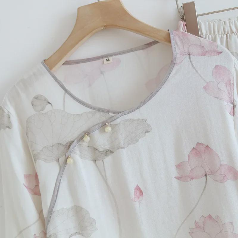 Женский повседневный пижамный комплект из бамбукового волокна - Милый весенне-летний стиль знаменитостей из Интернета с топом с длинными рукавами и брюками