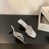 Fashion Open Toe Women Slides Slippers Summer Outside Thin High Heels Patent Leather Crystal Dress Shoes Stiletto Pumps Silver White 39