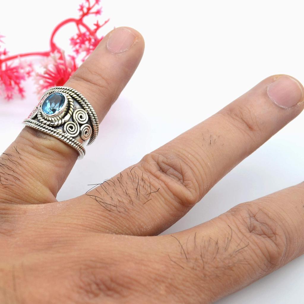 Кольцо с натуральным голубым топазом, полудрагоценное серебряное кольцо в стиле бохо, серебряное кольцо, кольцо из стерлингового серебра 925 пробы, старинное кольцо с небесным камнем (9,75)