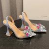 Fashion Pointed Transparent Pvc Baotu Denim Butterfly Knot Rhinestone Women Sandals Back Strap Wine Glasses High-heeled Banquet Shoes