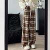 Tweed Plus Velvet Plaid Pants for Women In Autumn and Winter New Loose Retro Casual Pants Straight and Floor Lazy Wide-leg Pants