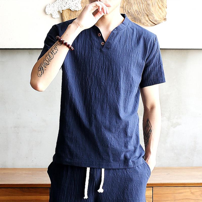 Мужская летняя футболка из льна и шелка Ice Silk с V-образным вырезом - короткий рукав, однотонный повседневный топ в китайском стиле Hanfu