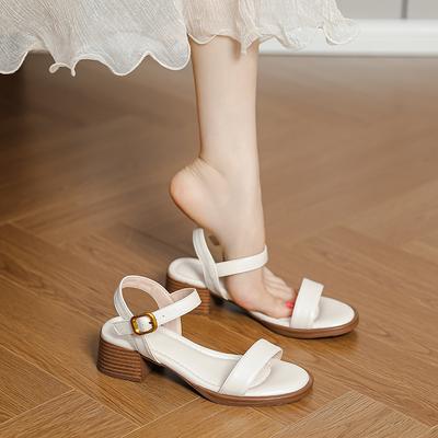 Летние новые сандалии женские шаг на дерьмо ощущение средний каблук толстый каблук ремешок с пряжкой на одно слово римские туфли носить праздничная повседневная пляжная обувь