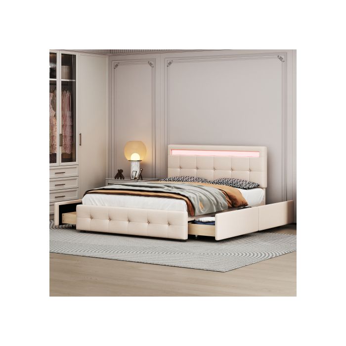 Lit rembourré avec LED 140 x 200 cm, sommier à lattes sur roulettes, lit simple avec tête de lit et 4 tiroirs (sans matelas)