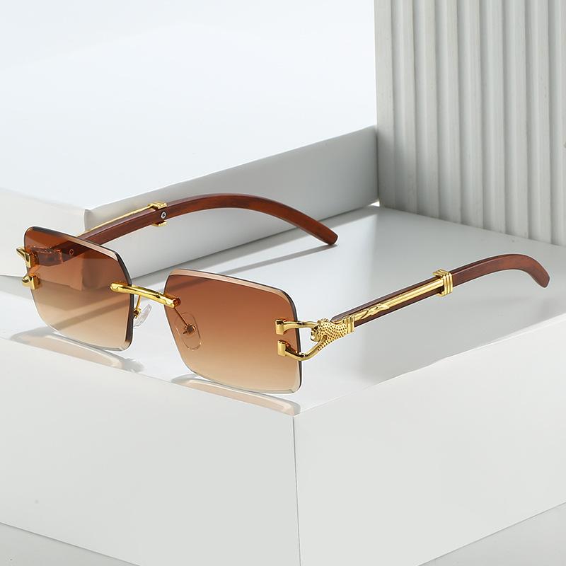 Frameless square sunglasses, personalized color men's and women's retro leopard metal sunglasses