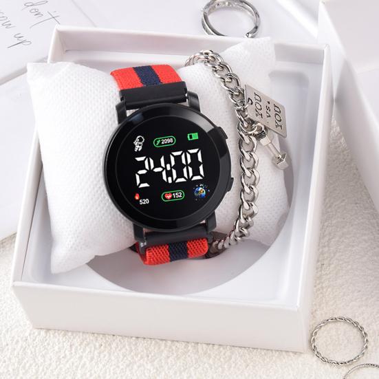 Светодиодные электронные часы Эластичный ремешок Многофункциональные Светящиеся Круглый циферблат Регулируемый Отображение времени/даты Плетеные Цифровые Наручные часы Часы Мода