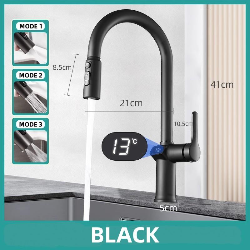 Выдвижной смеситель для кухни с цифровым дисплеем и температурой, вращающийся смеситель для кухонной мойки с одной ручкой, распылитель, краны для горячей и холодной воды