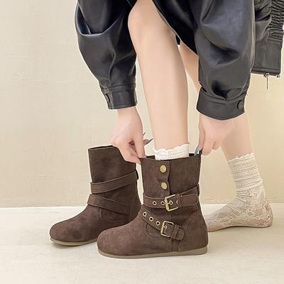 Ретро стиль европейский и американский пряжка ремня круглый носок плоский каблук короткие ботинки женские 2025 осень и зима новые удобные и универсальные модные M