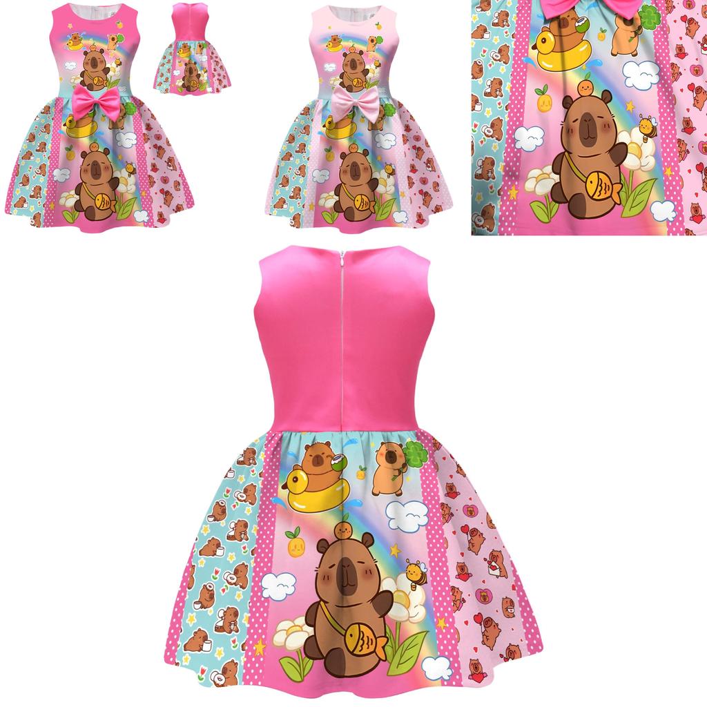 Платье для девочки с мультяшной капибарой и плиссировкой из смесовой хлопковой ткани для возраста от 3 до 8 лет
