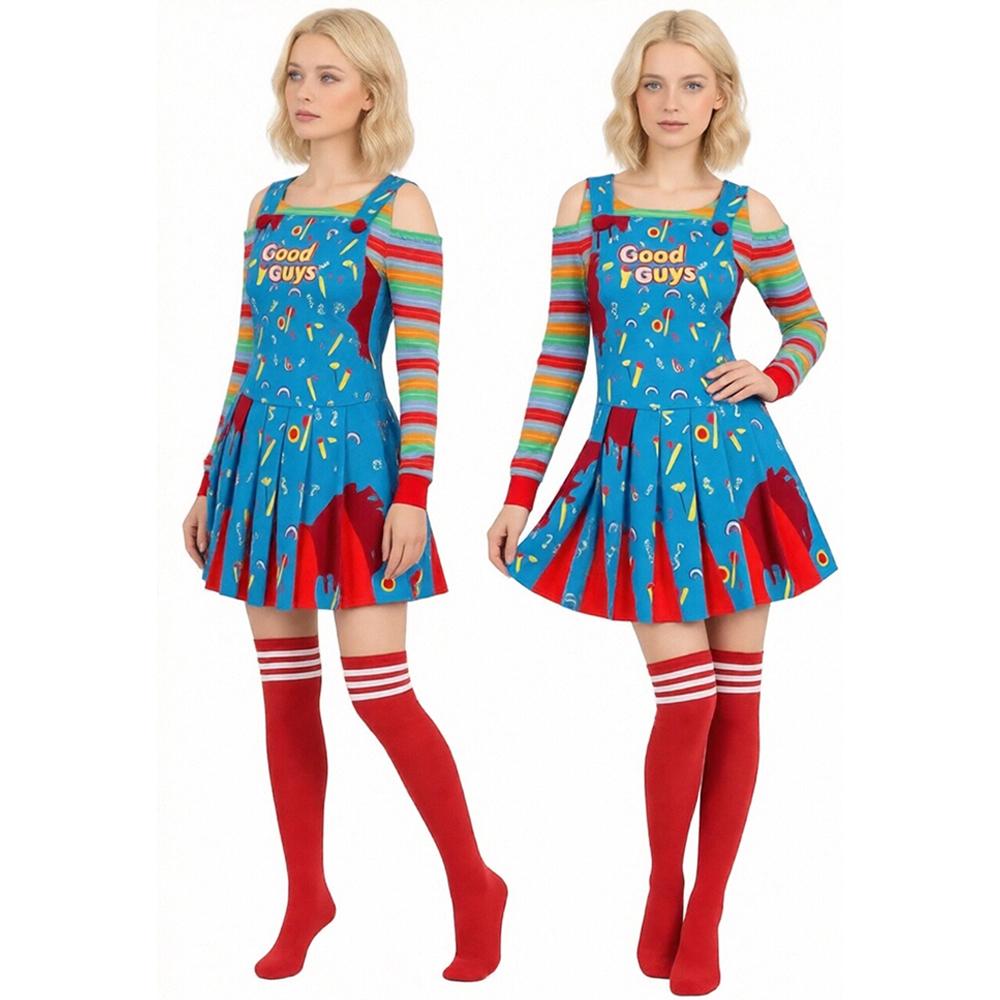 Scary Doll Cosplay Dress Women Horror Doll Halloween Themed Costume Dress Rainbow Stripe Off Shoulder Top Suspender Skirt Socks