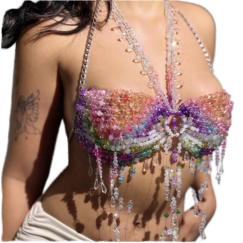 Festival r Women's Colorful Crystal Gem Body Chain Beads Pearl Halter Top Sexy Small Vest with Body Jewelry