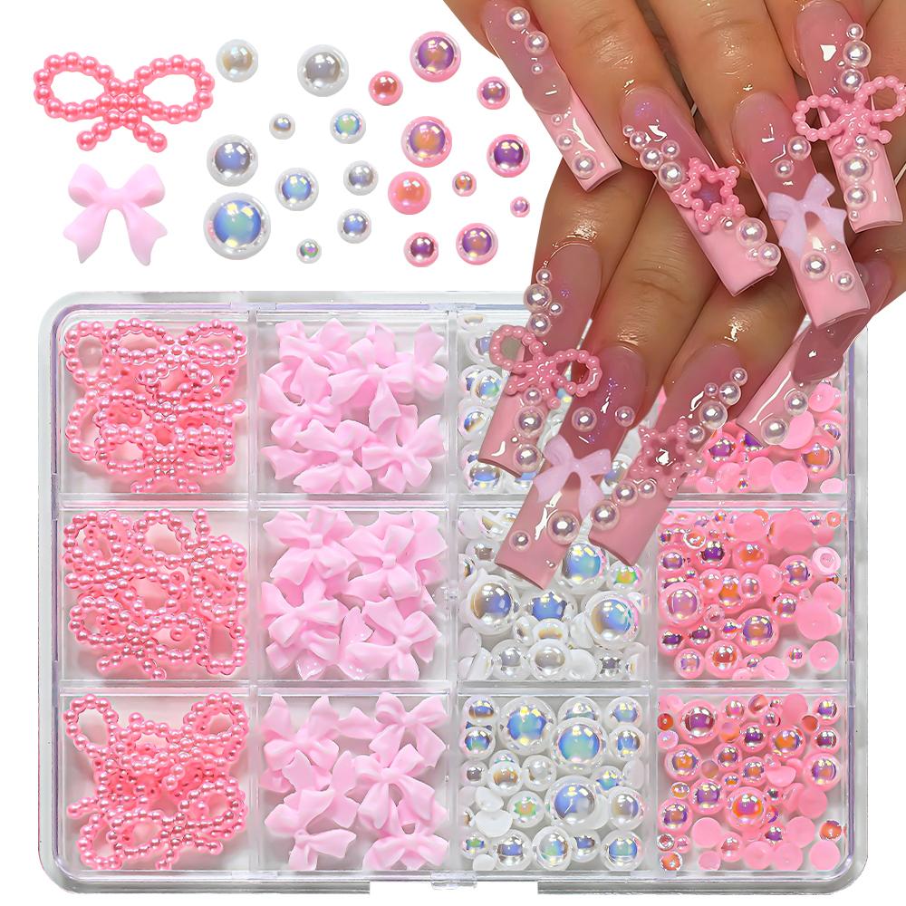 12Grid Aurora Pink White Bubble Beads Half Round  Nail Rhinestones Kawaii Pink Bow Ribbon Nail Charms 3D Resin Manicure Supplies