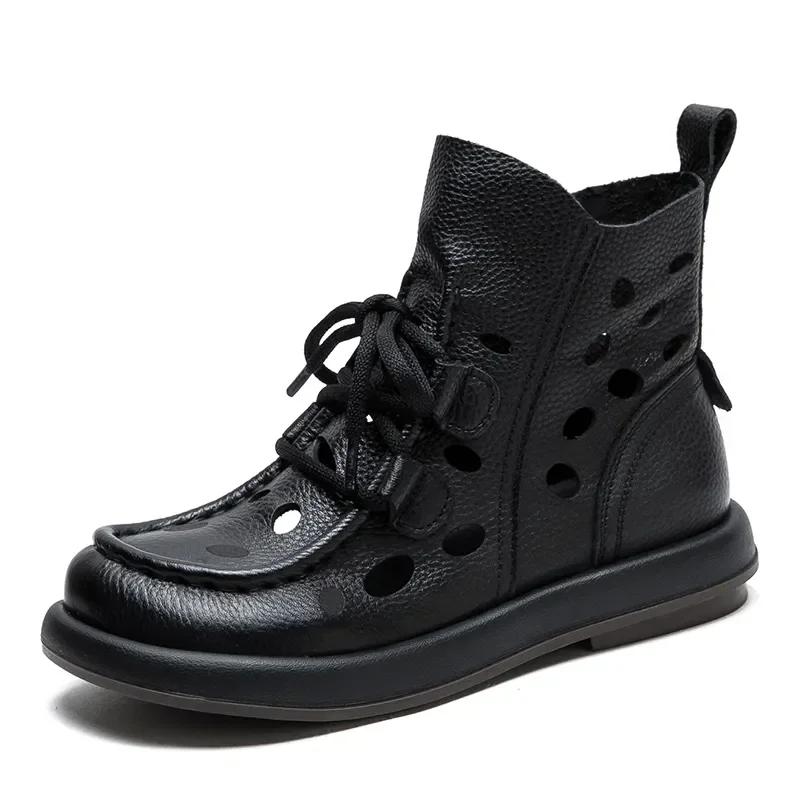 Модные Высококачественные 3СМ Новый Дизайн Женские Летние Дышащие Туфли Ажурные Прохладные Ботинки Литературный Стиль Натуральная Кожа Плоские Ботильоны