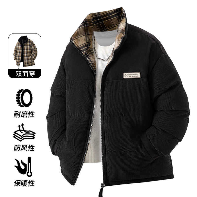 Клетчатая двусторонняя одежда с воротником-стойкой, хлопковая одежда для мужчин, зима 2025, новая ретро, свободная, парная, универсальная, теплая хлопковая одежда