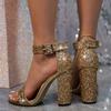 Liyke Новые модные блестящие сандалии-гладиаторы с ремешком на щиколотке на квадратном каблуке с открытым носком для женщин на лето, на свадьбу, выпускной