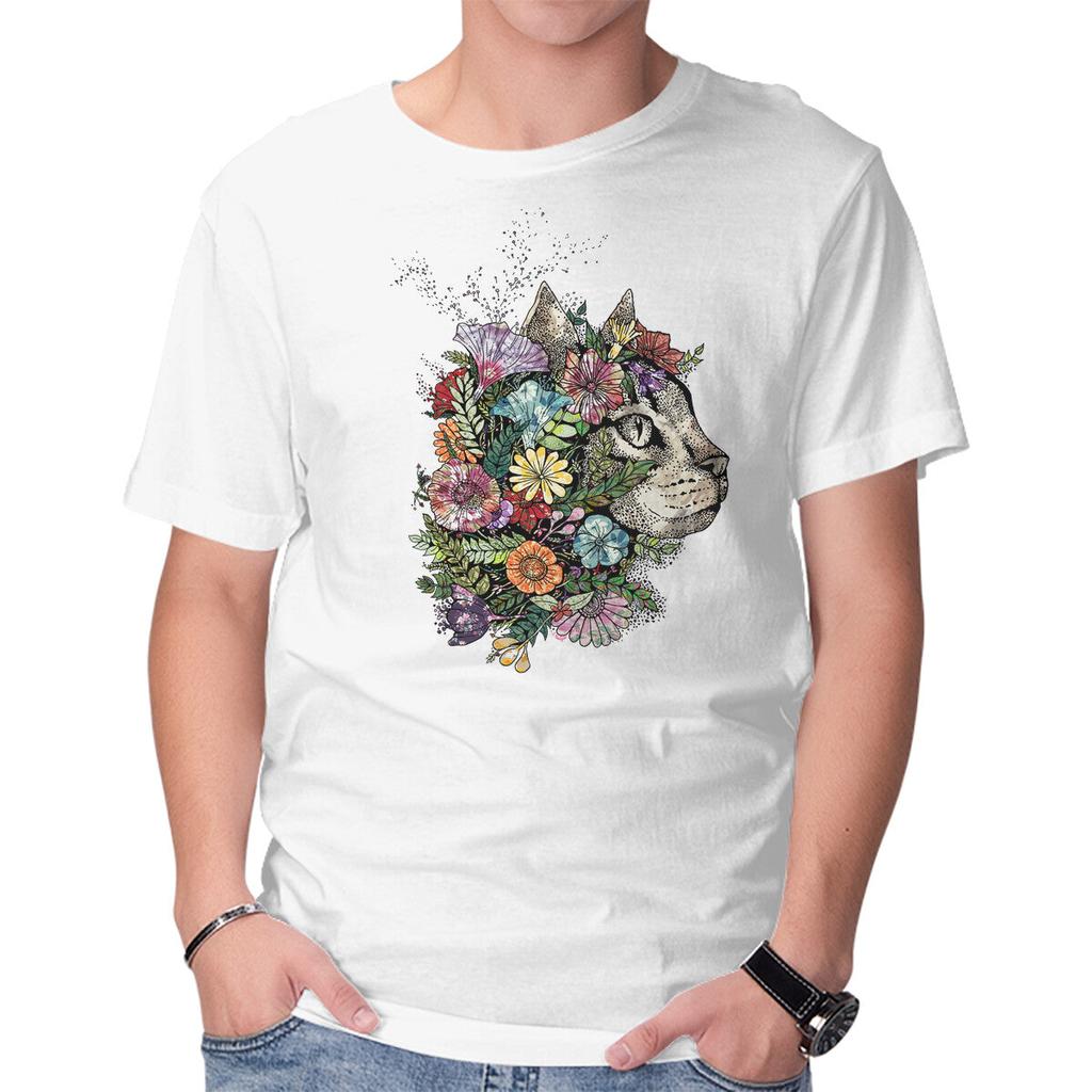 Unisex Crew Neck T-Shirt Flower Cat Graphic Short Sleeve Casual Tee