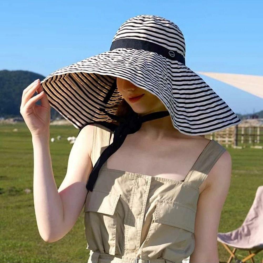 with Windproof Strap Women Striped Fisherman Hat Solid Color Sunshade Hat Summer Sun Hat Travel