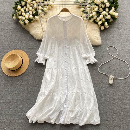 Милое кружевное платье с круглым вырезом для женщин, летние сексуальные платья с длинными рукавами и открытыми плечами, женские платья трапециевидной формы средней длины