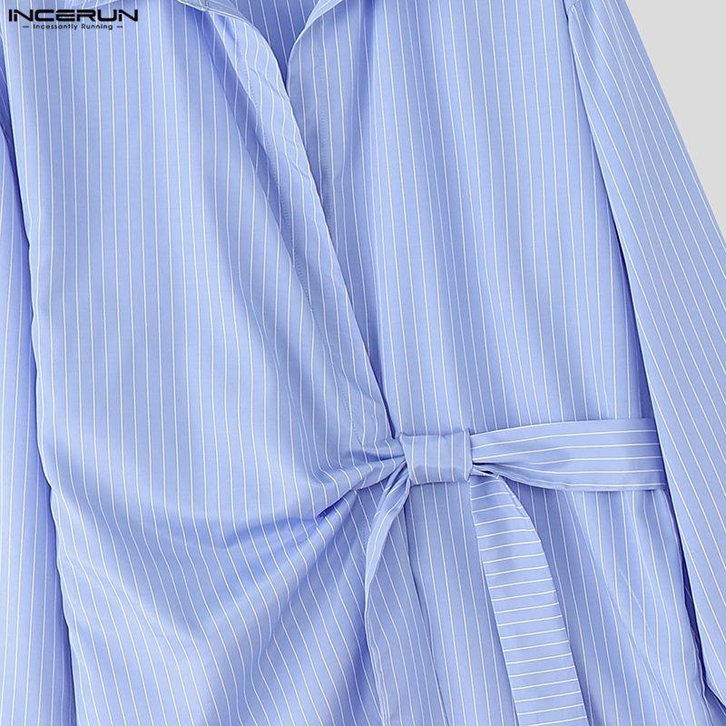 INCERUN Мужские весенние рубашки с отложным воротником, длинным рукавом, боковым перекручиванием, в полоску