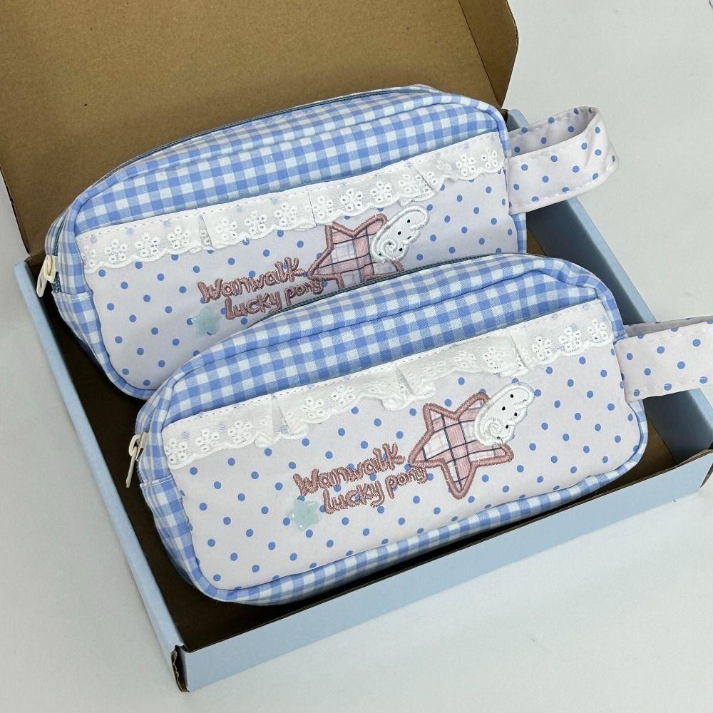 Lace Plaid Print Pen Bag With Handle Stationery Bag New Stationery Organizer Gift
