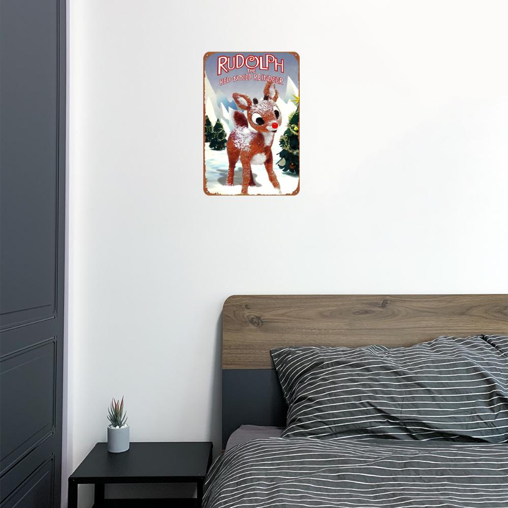 Одна штука, винтажная металлическая табличка с изображением оленя Рудольфа с красным носом, праздничное украшение на стену для дома и гаража, 8x12 дюймов