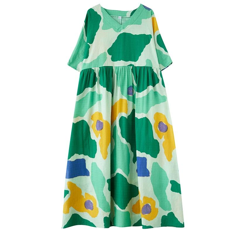 Новое хлопковое платье больших размеров с коротким рукавом и цветочным принтом для женщин, повседневное свободное длинное летнее платье