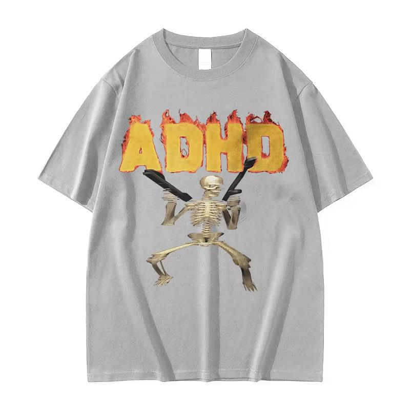 ADHD Skeleton Meme Vintage T Shirt Humor Horror Funny Skull Graphic Tee Unisex Casual Oversized Streetwear Top for Unisex Women