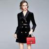 Women Velvet Blazer Jacket Autumn Winter Double Breasted Long Sleeve Ladies Black Coat With Belt