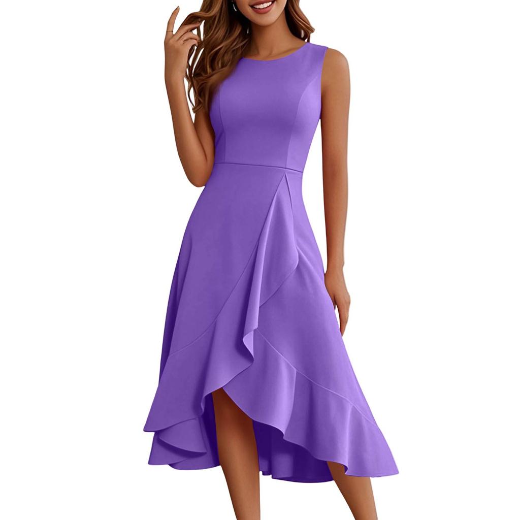 Женское модное повседневное платье без рукавов с круглым вырезом, однотонное, элегантное, темпераментное, с оборками, платья