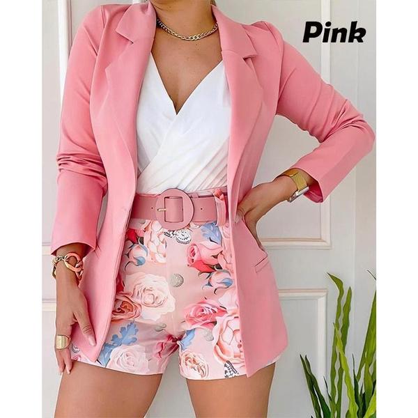 Женский костюм с длинными рукавами + шорты, мягкие однотонные деловые офисные блейзеры, женская куртка + брюки с цветочным принтом + ремень, комплект из трех предметов