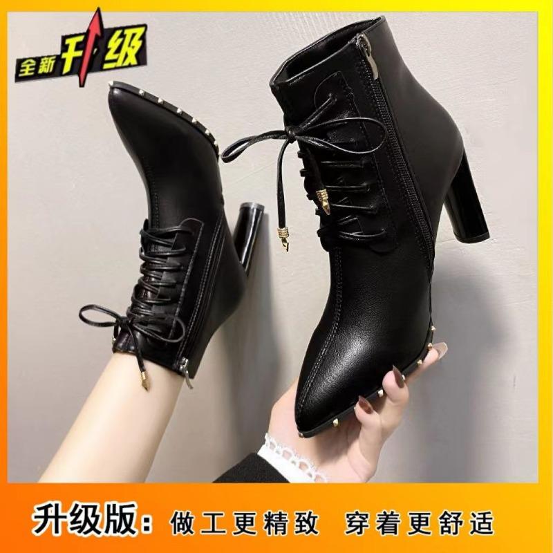 Остроносые туфли на высоком толстом каблуке, женские новые универсальные ботильоны Мартин на шнуровке, тренд