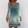 Women's Long-sleeved Casual Midi Dresses V-Neck Print  Casual Dress