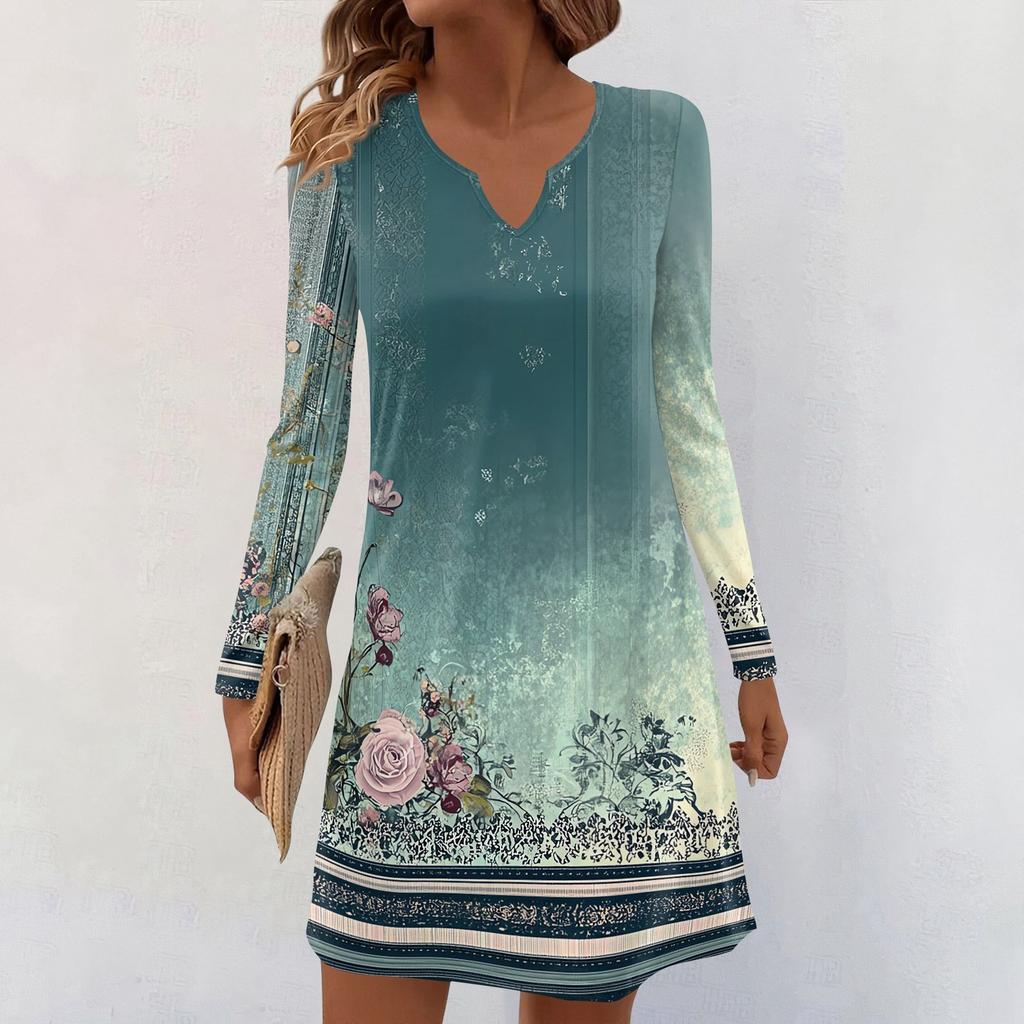 Women's Long-sleeved Casual Midi Dresses V-Neck Print Casual Dress